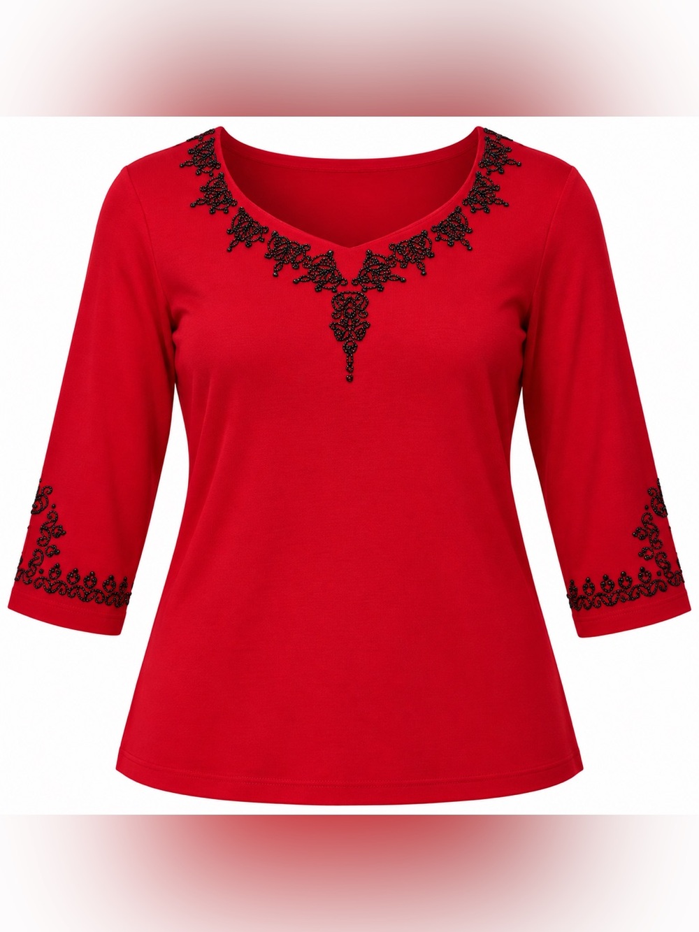 Women's Red V-Neck Long Sleeve Tee with Black Embroidery